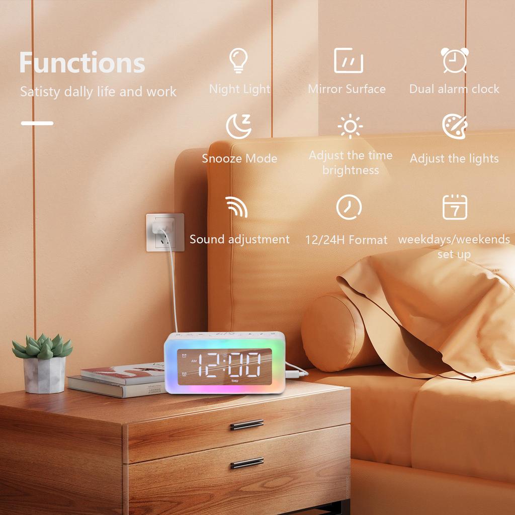 Digital Alarm Clock LED Desktop Clock Large Display USB Powered 8 LED RGB Night Light Electronic Clock for Bedroom