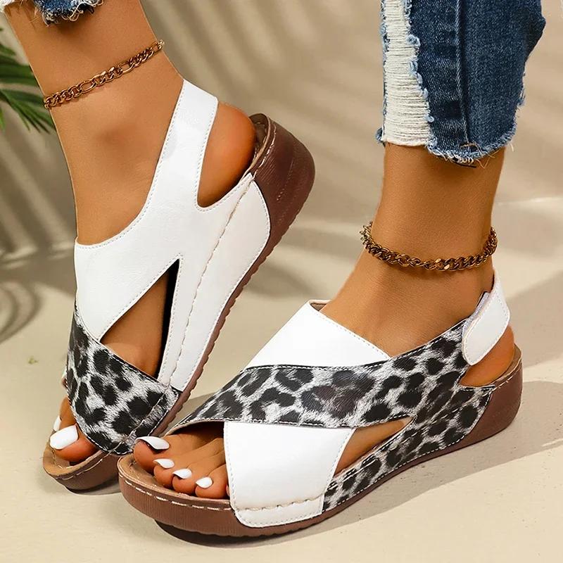 Fashion Mix Color Leopard Wedge Sandals for Women 2025 Summer Comfort Non Slip Beach Shoes Woman Lightweight Casual Sandalias De Mujer
