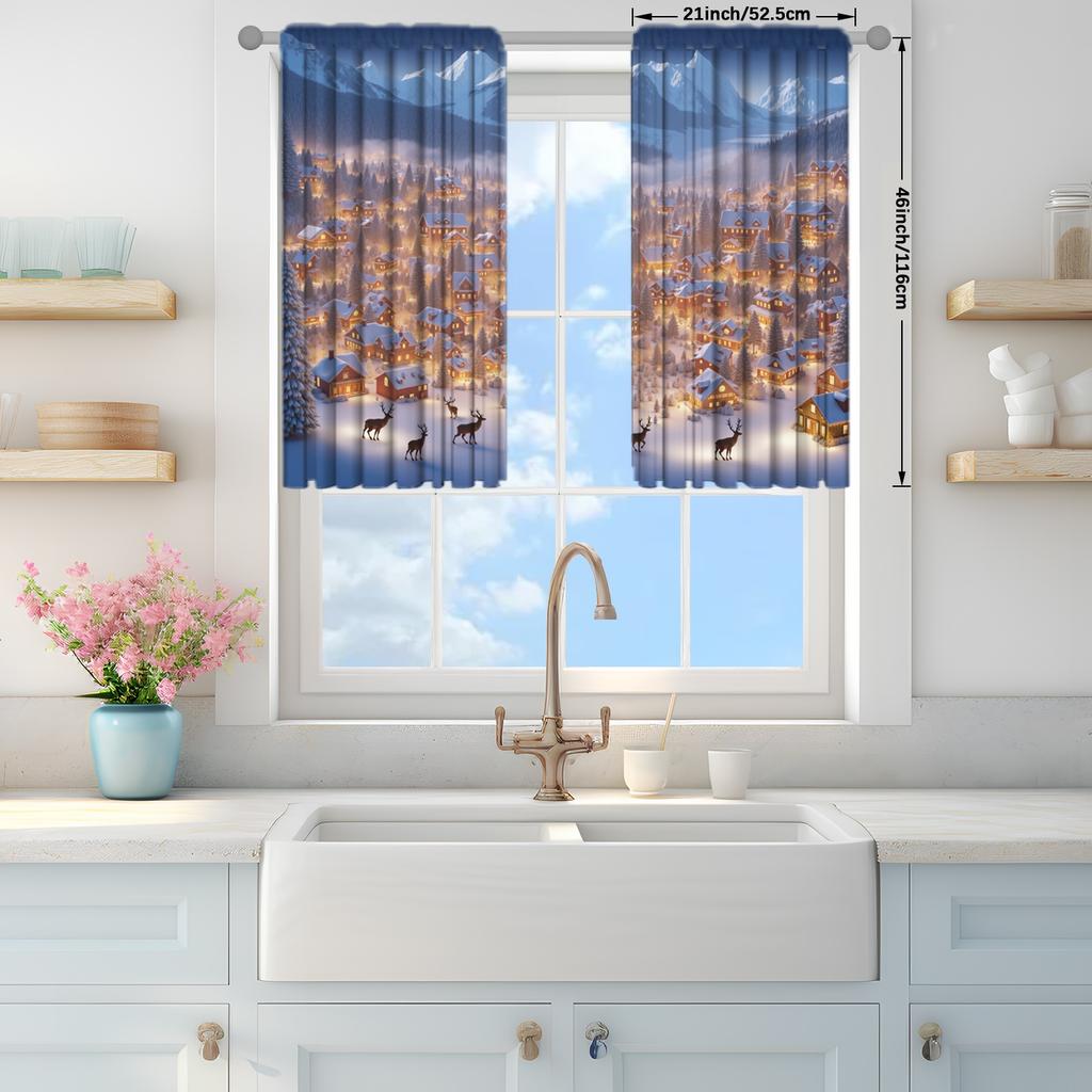 2pcs Winter Night Snow Scenery Printed Curtain for Christmas Home Decor - Rod Pocket Window Treatment for Bedroom, Office