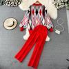 BITCED Conjunto de Moda para Mujer Otoño Invierno Suéter Holgado de Manga Larga a Cuadros Conjunto de Dos Piezas Pantalones de Punto Rectos de Pierna Ancha Adelgazantes de Cintura Alta