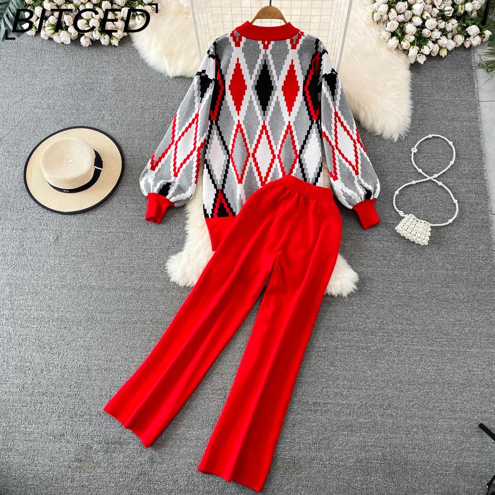 BITCED Conjunto de Moda para Mujer Otoño Invierno Suéter Holgado de Manga Larga a Cuadros Conjunto de Dos Piezas Pantalones de Punto Rectos de Pierna Ancha Adelgazantes de Cintura Alta