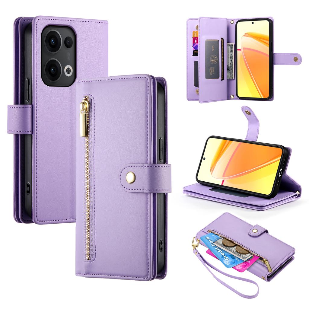DF-011 For Oppo Reno13 5G (Global) Case Zipper Pocket Wallet Leather Phone Cover with Straps