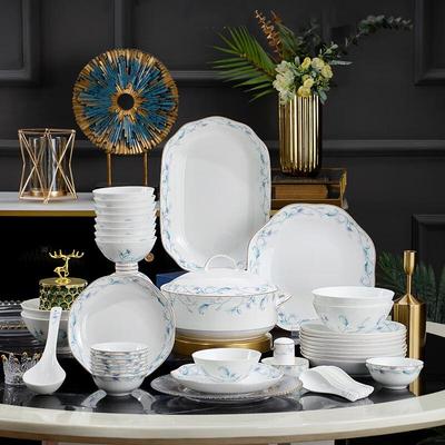 TangHui 50-teiliges chinesisches Light Luxury Knochenporzellan Geschirrset - Smaragd-Ranke