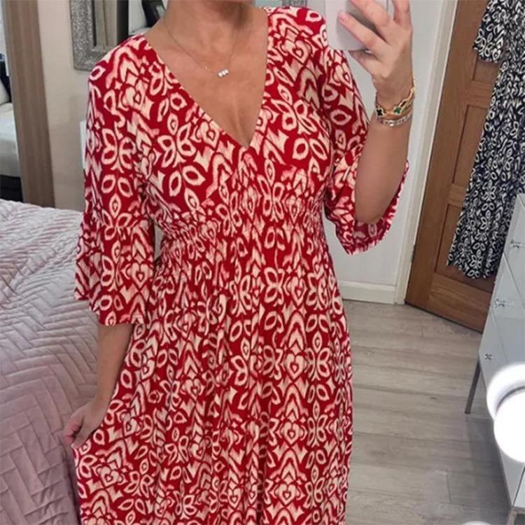 Sommer-Maxikleider für Damen Übergröße Floral Locker V-Ausschnitt Lässig Urlaubs-Strand-Outfit