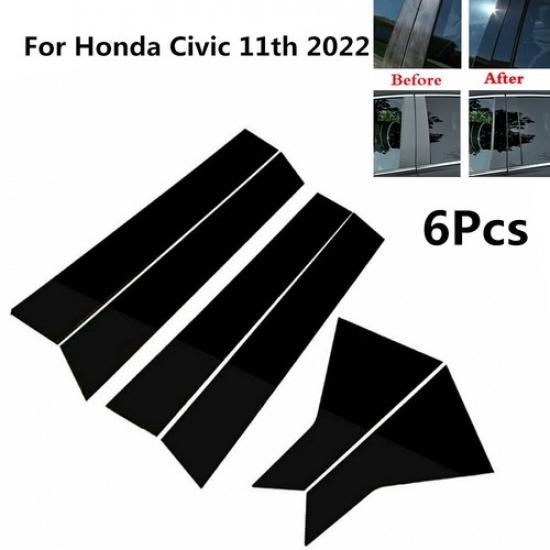 6Pcs Glossy Black Window BC Pillar Posts Trim Cover For Honda Civic 11th
