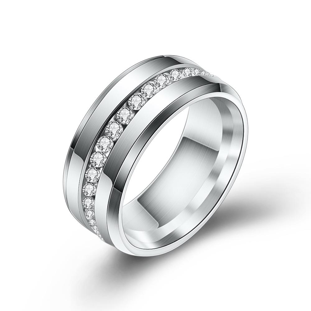 Stylish Black & White Titanium Steel 8MM Ring with Rhinestones and Engravable Laser Design Size 11