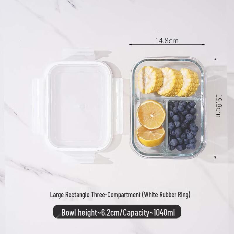 ZISIZ 3-Compartment Rectangular Glass Lunch Container Set