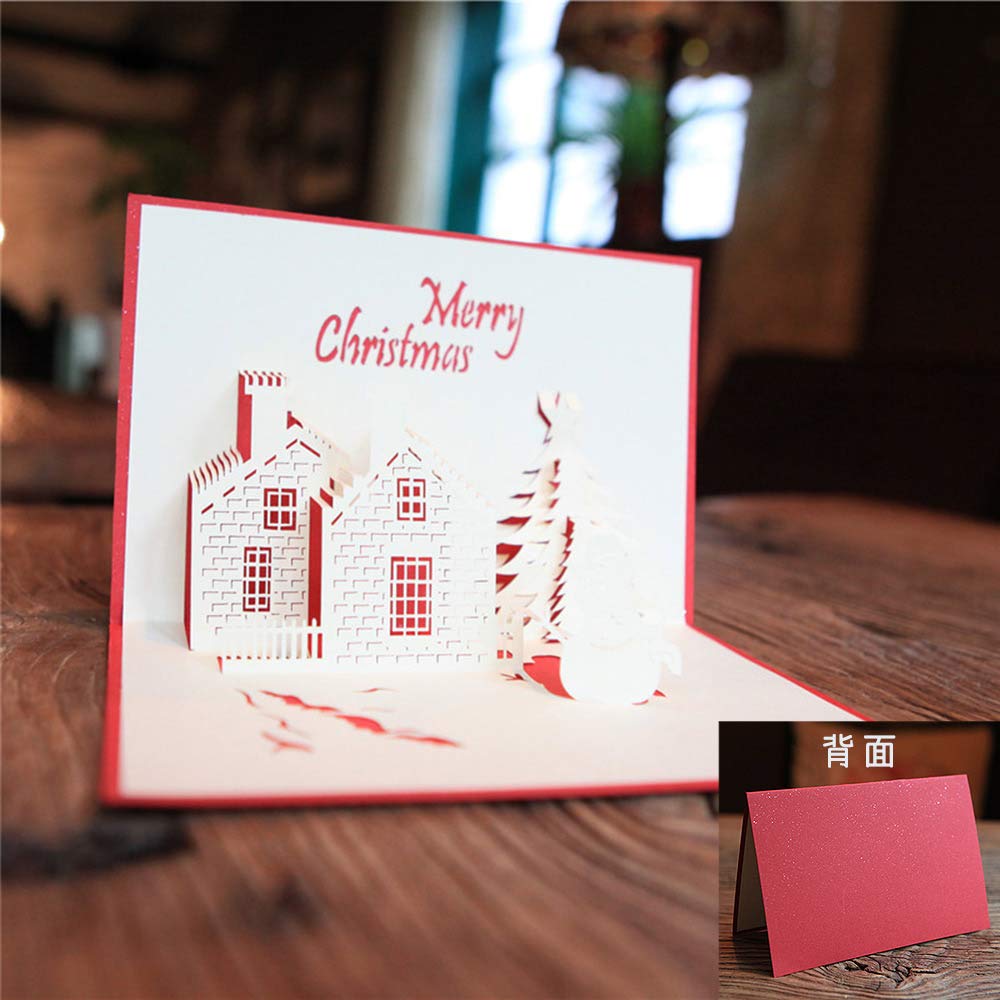 Moin Moin Christmas Merry Greeting Message Paper 3D Chimney White 2 Card, Pop-Up Cutout, Art, House, Tree, Snowman, Red, (Card + Envelopes)