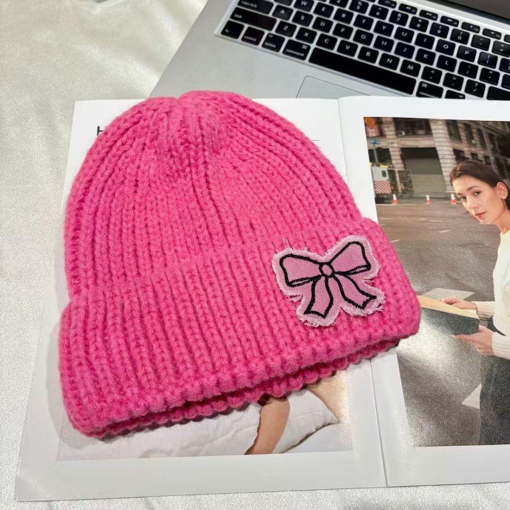 Lace Edge Bow Beanies Hat Solid Color Winter  Knitted Cap Sweet Bow Knitted Pullover Hat  Outdoor