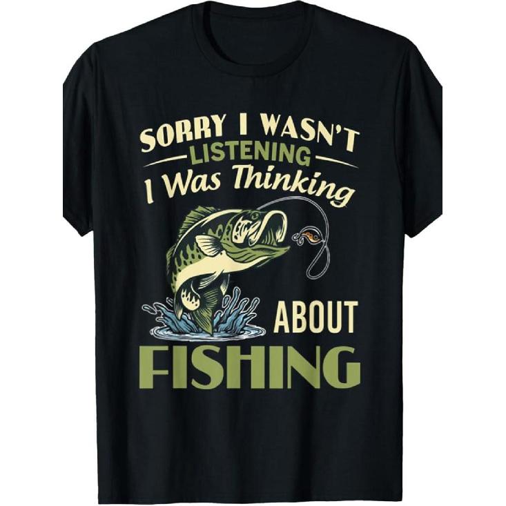 Men s Funny Fishing Graphic T-Shirt -  Sorry I Wasn t Listening I Was Thinking About Fishing  Saying - Heavyweight 220gsm Crew Neck Tee - All-Season S чёрный