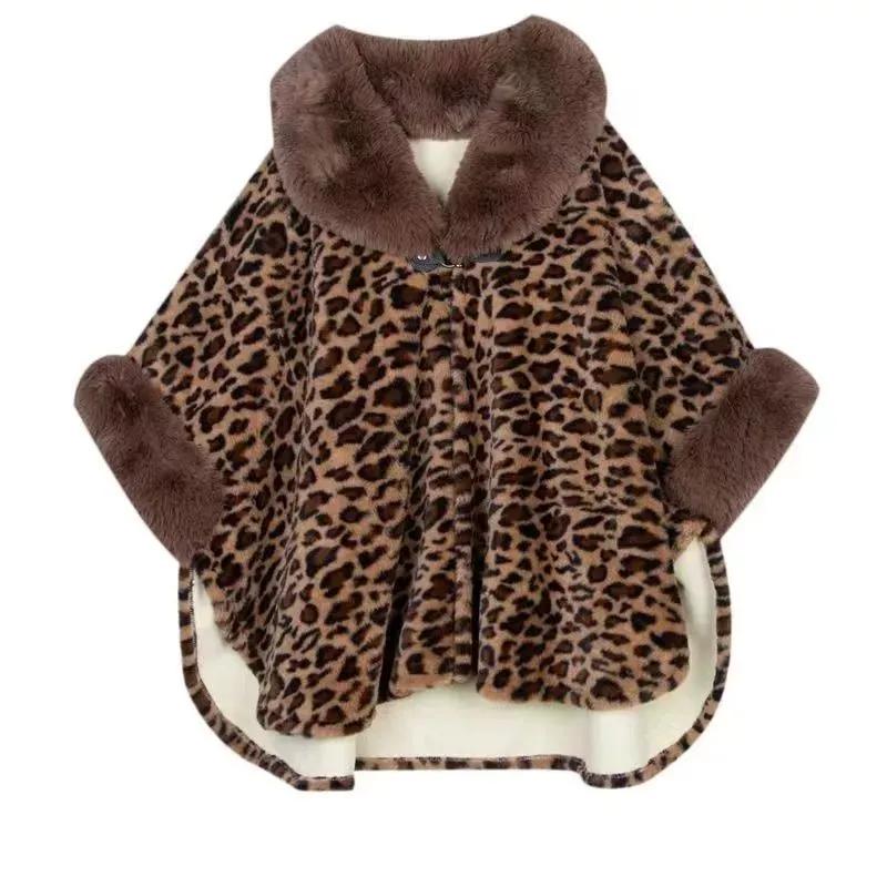 Women's Autumn and Winter Plus Velvet Thickened Fur Collar Cloak with Sleeves Mid-length Shawl Leopard Pattern Coat Retro Outer Cloak