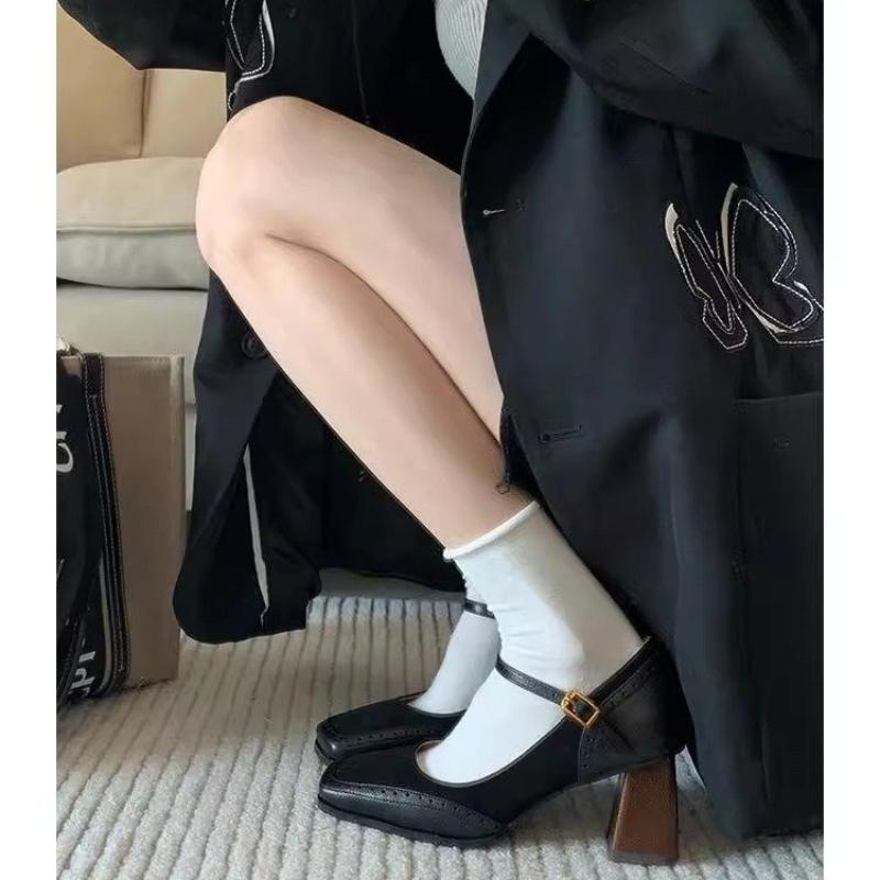 2025 New Fashion French Style Women's Black Square Toe Chunky Heel Thick Sole Buckle Slip-On Pumps Vintage Sandals for Ladies