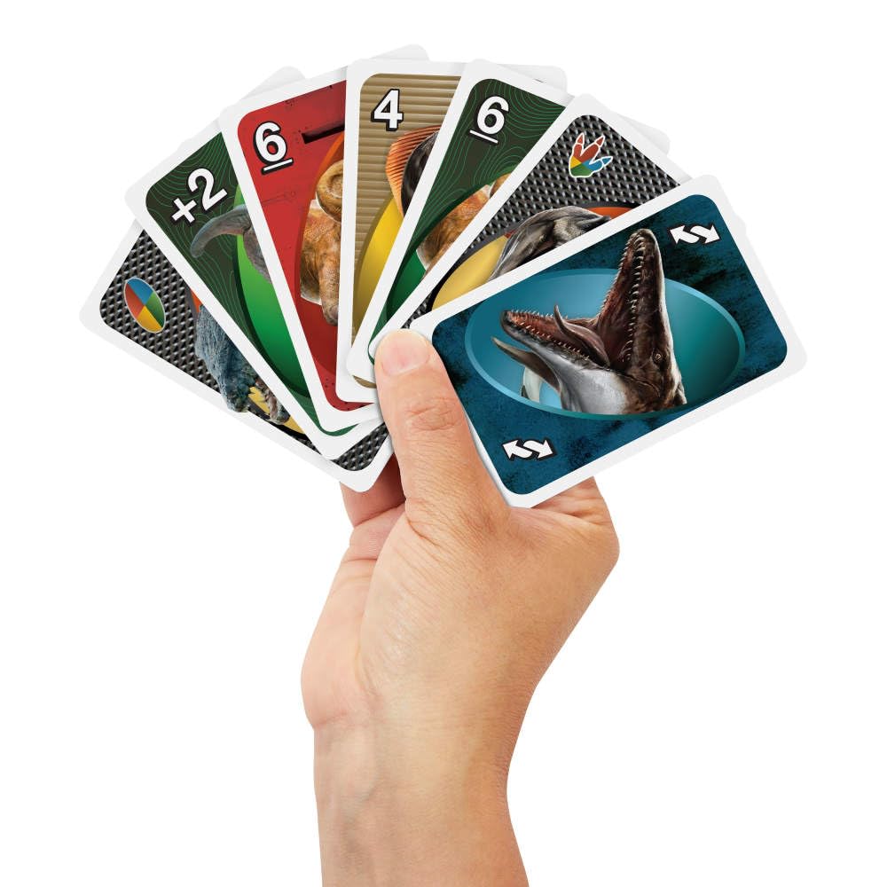 Mattel Games UNO Jurassic World Rebirth Card Game - with T-Rex Attack Special Rule, Collectible Family Party Game, 2-10 Players, Ages 7+