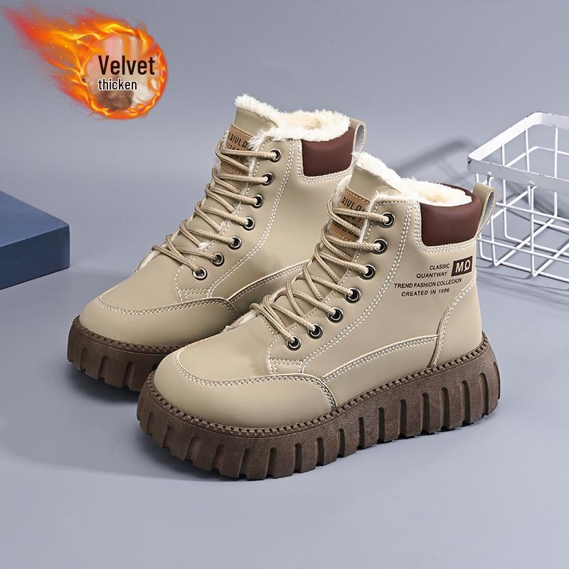 

Женские ботинки мартин на высоком голенище в корейском стиле - Плюшевые, на толстой подошве, теплые хлопковые, универсальные, повседневные зимние ботинки. 36