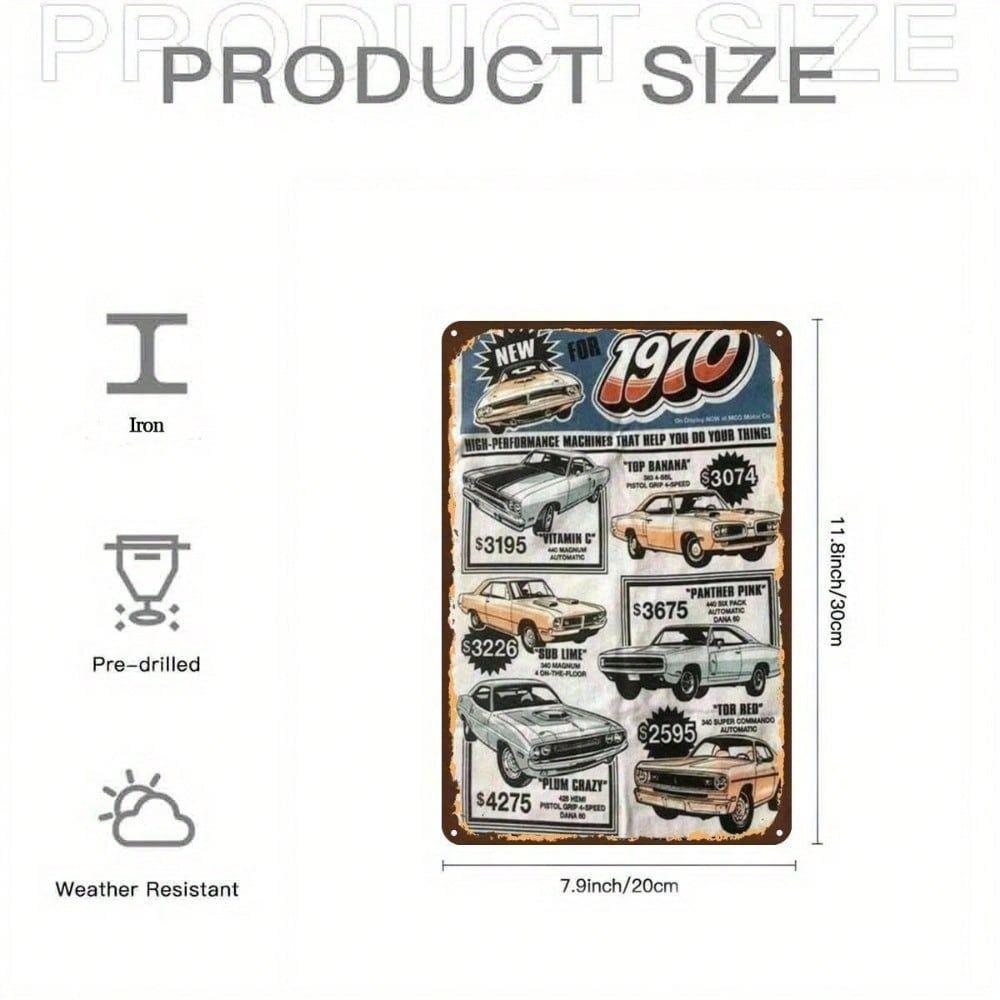 Vintage Metal Poster Muscle Car 1970s Wall Art Garage Decor