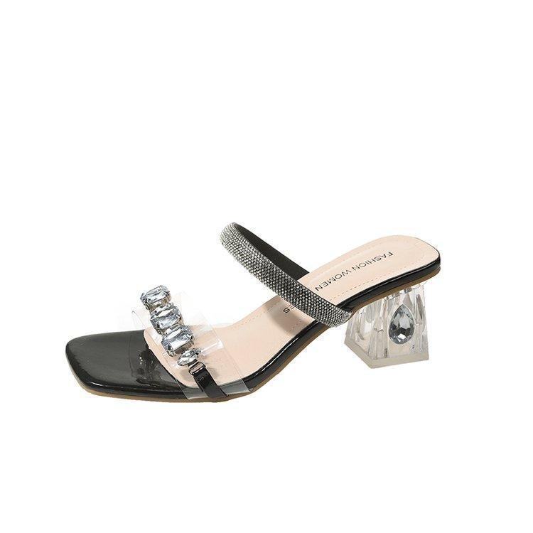 Sandale cu strasuri cu toc înalt pentru femei, vară, exterior, temperament, cuvânt transparent cu toc de cristal, toc gros, papuci frumoși franțuzești