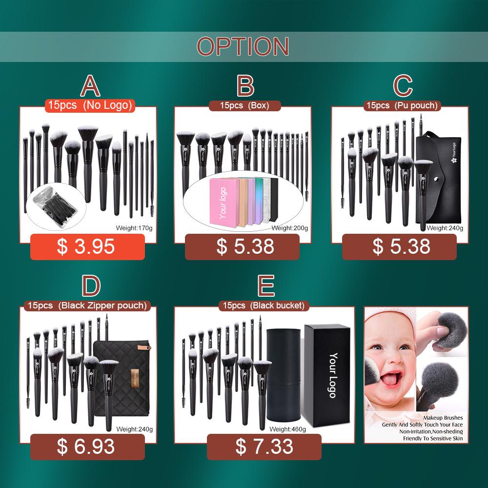 15-Piece High-End Makeup Brush Set: Black Powder, Eyeshadow, Blush & Multifunctional Tools