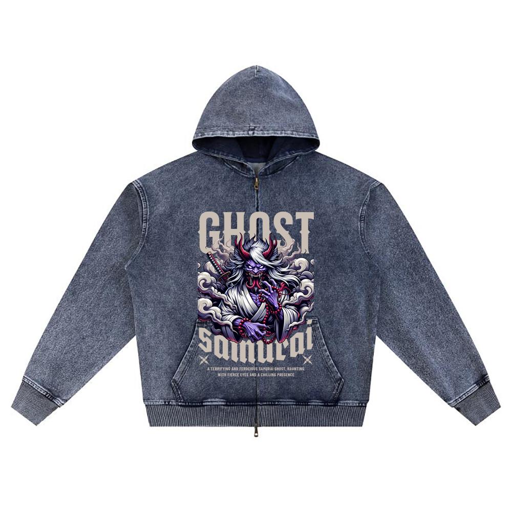 

DTG print Knitted Denim Zip-Up Hoodie Ghost Samurai Brother Print Zipper Hoodies XL