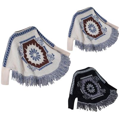 Women's Fashion Colorful Plaid Knitted Tassel Cape Casual Loose Sweater Cape