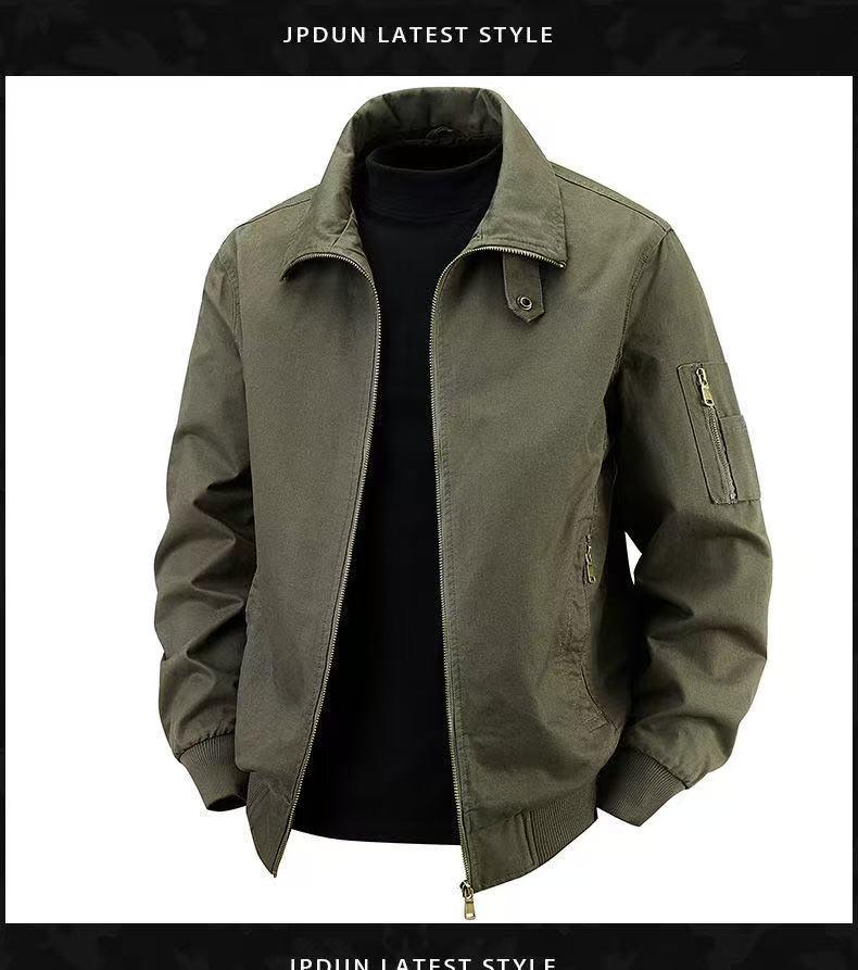 Men's Retro Pilot Lapel Cotton Jacket - Solid Color, Plus Size, Spring/Autumn Workwear Style