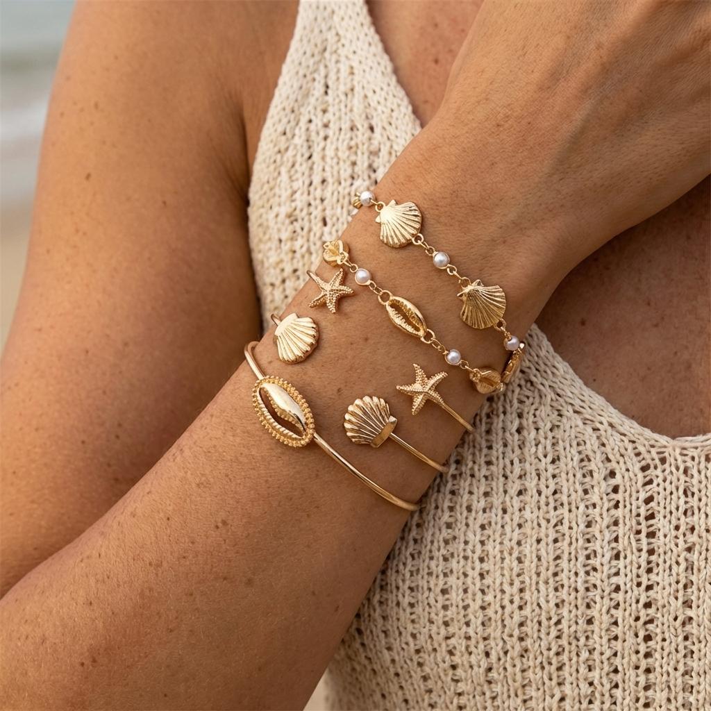 5Pcs Metal Starfish Shell Bracelets Set for Women Multilayer Boho Conch Scallop Stackable Bangles Summer Beach Party Jewelry