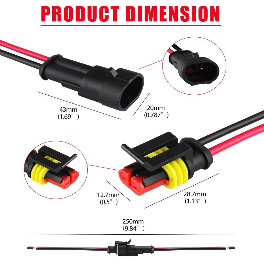 MUYI 2 Wire Connector 16AWG 5 Kits 2 Pin Waterproof Connectors With 10Cm Pigtail 1.5Mm Series Rubber Seal And Electrical Terminals