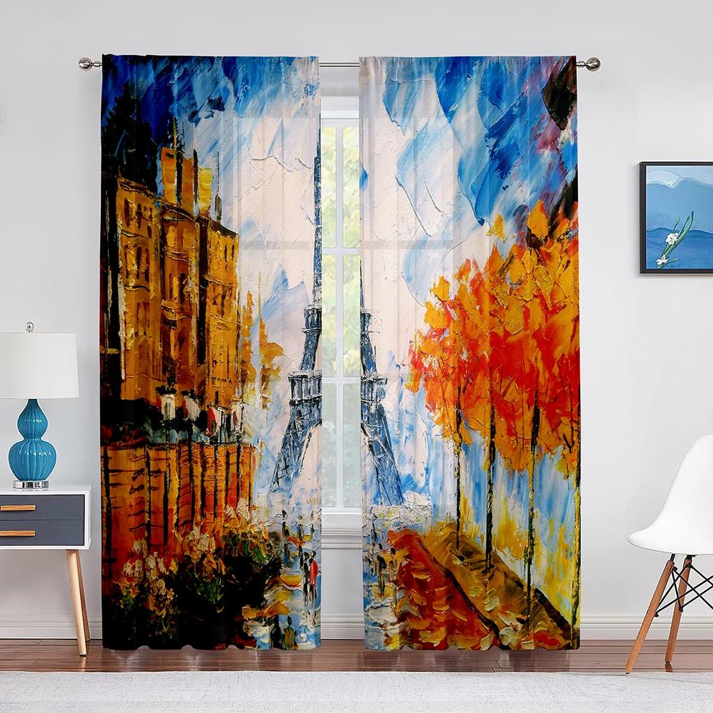 Perdele din șifon cu peisaj fantezic, perdele din tul pentru casă lângă munte și râu, pentru decorarea casei de living