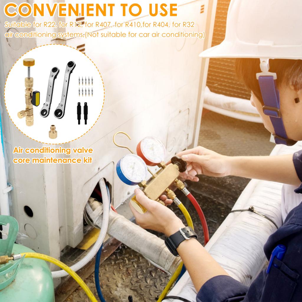 Valve Core Remover Installer Tool with Dual Size 1/4 Inch and 5/16 Inch Port Air Conditioning Valve Core Removal Tool Wrench