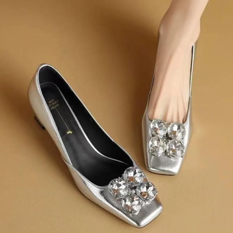 French Design Black Velvet Women Shallow Flats Square Toe Rhinestone Buckle Moccasins Brown Office Working Espadrilles