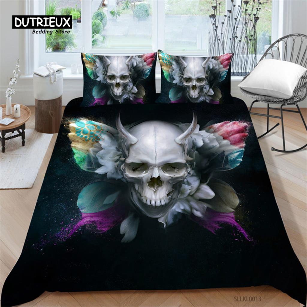 Sugar Skull Duvet Cover Gothic Skull Skeleton Bedding Set Horror Theme Comforter Cover Full King For Teens Adults Bedroom Decor