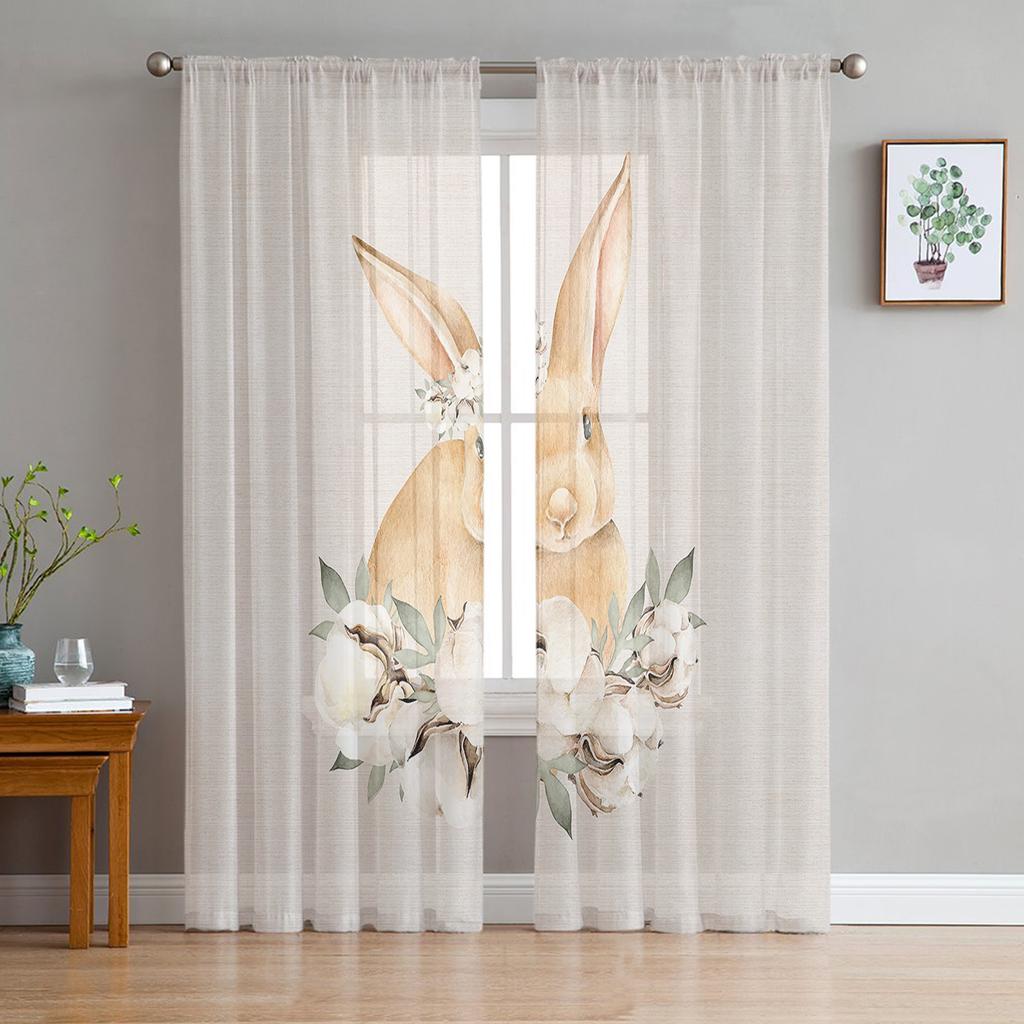 Easter Watercolor Cotton Bunny Tulle Curtains For Living Room Bedroom Voile Sheer Curtain Window Home Decor Drapes