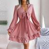 Summer Women Dress High Waist Big Swing Solid Color Lace Up Wooden Edge Elegant Fashion