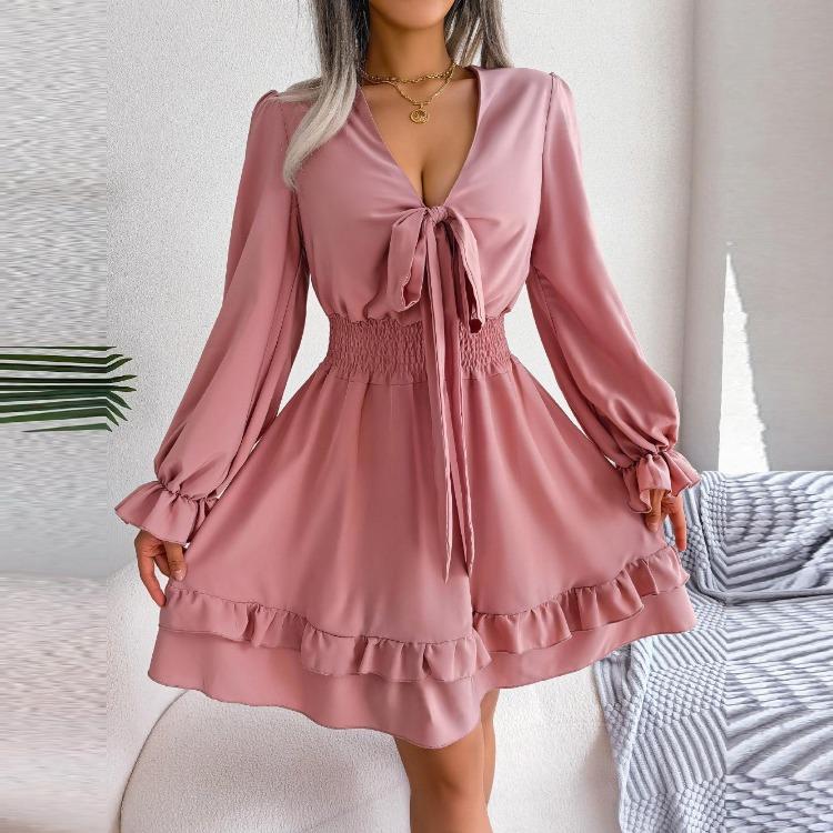 Summer Women Dress High Waist Big Swing Solid Color Lace Up Wooden Edge Elegant Fashion