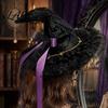 Halloween Night Decorations Witch Hat for Women Lace Wizard with Ribbon Bow Black Party Mesh Veil Costume Accessory Adults Fancy Dress Cosplay