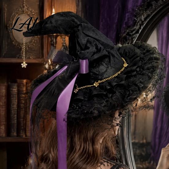 Halloween Night Decorations Witch Hat for Women Lace Wizard with Ribbon Bow Black Party Mesh Veil Costume Accessory Adults Fancy Dress Cosplay