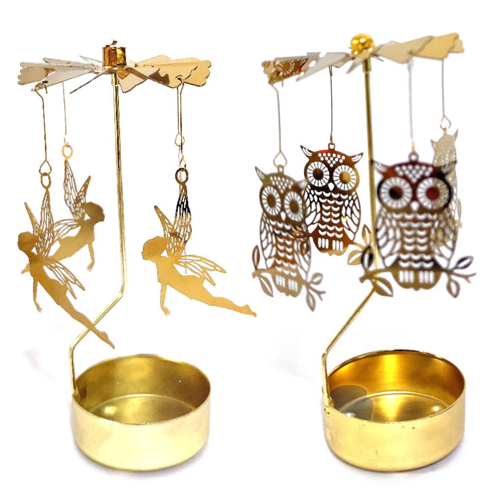 Rotating Candle Holder Metal Gold Christmas Present No Battery Heat Powered Spinning Carousel for Home Desk Counter Sweet Decor
