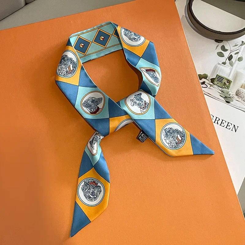 Silk Scarf Women Luxury Chain Print Bag Skinny Scarves Wraps Wrist Towel Foulards Neckerchief Headband Muslim Hijabs