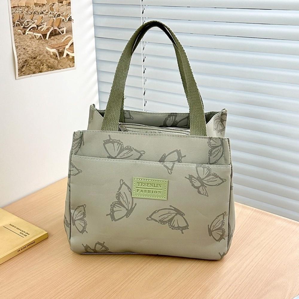 

Portable Butterfly Printed Handbag Nylon Large Capacity Picnic Lunch Bag with Zipper Ultralight Travel Tote Bag зелений