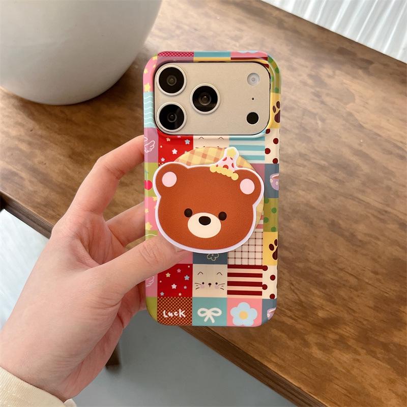 Color Patchwork Plaid Little Bear Magnetic Stand Case for iPhone 17/16 Pro Max & 15 Pro