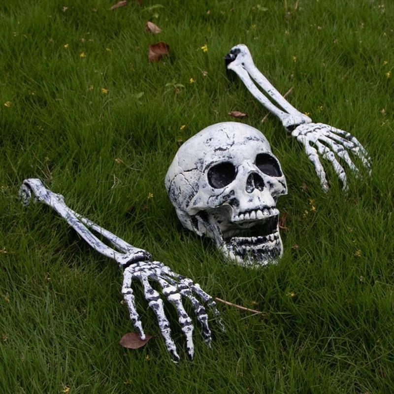 Halloween Skull Hand Arm Yard Stake Lifelike Skeleton for Head Figurine Garden Decoration Haunted House Props