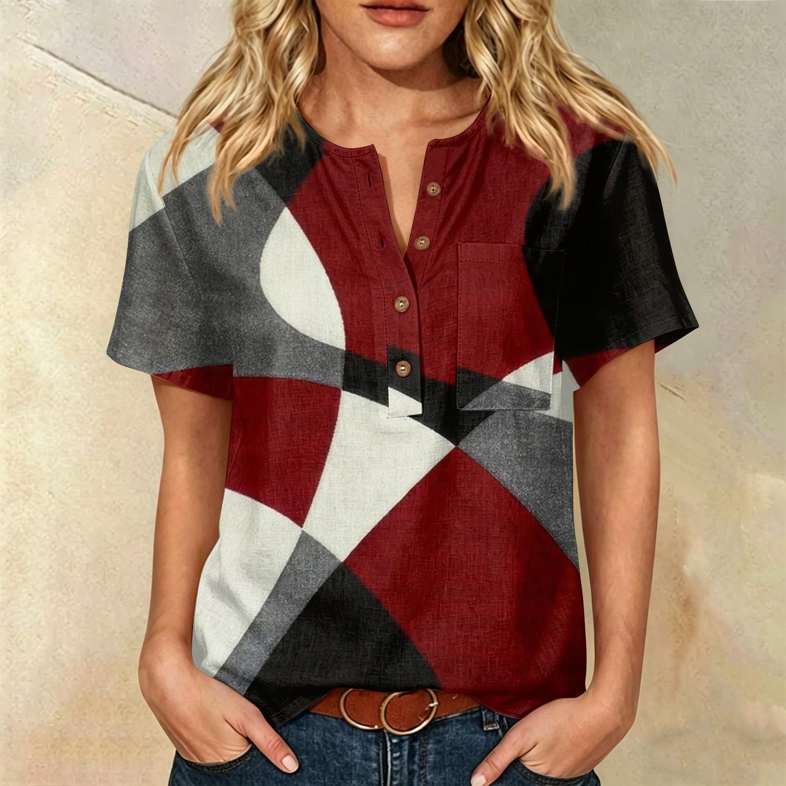 

Women’s Fashion Printed Short Sleeve Cotton Linen Shirt with Henley Button Neckline and Chest Pocket for Casual Wear XL винный