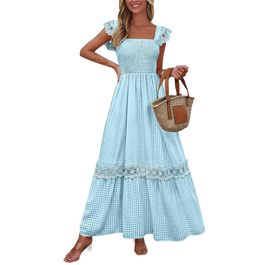 Women's Fashionable Color Square Neck Sleeveless Lace Patchwork Vacation Long Skirt Dress