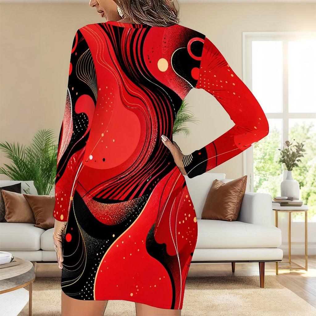 Women Plus Size Round Neck Long Sleeve Red Black Printed Bodycon Mini Dress