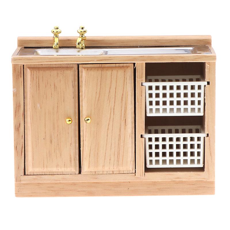 Wooden Wash Basin Cabinet With Hand Sink Miniature Furniture Toys For 1/12 Dollhouse Bathroom Kitchen Decoration