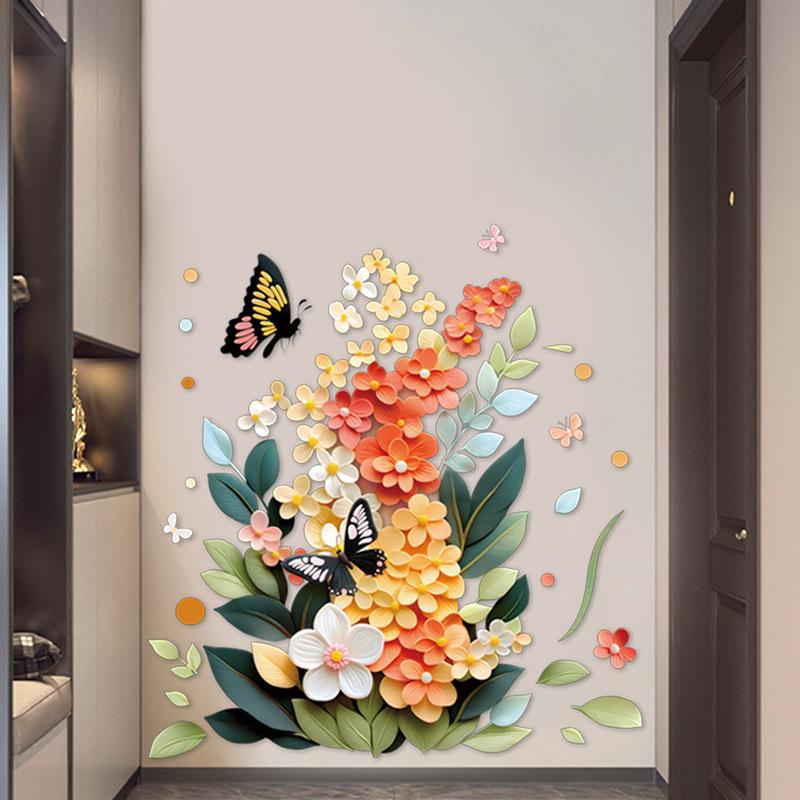 3D Vision Small Flower Wall Stickers Peel and Stick Butterfly Florals for Living Room Kitchen Corridor Entrance Wall Decoration