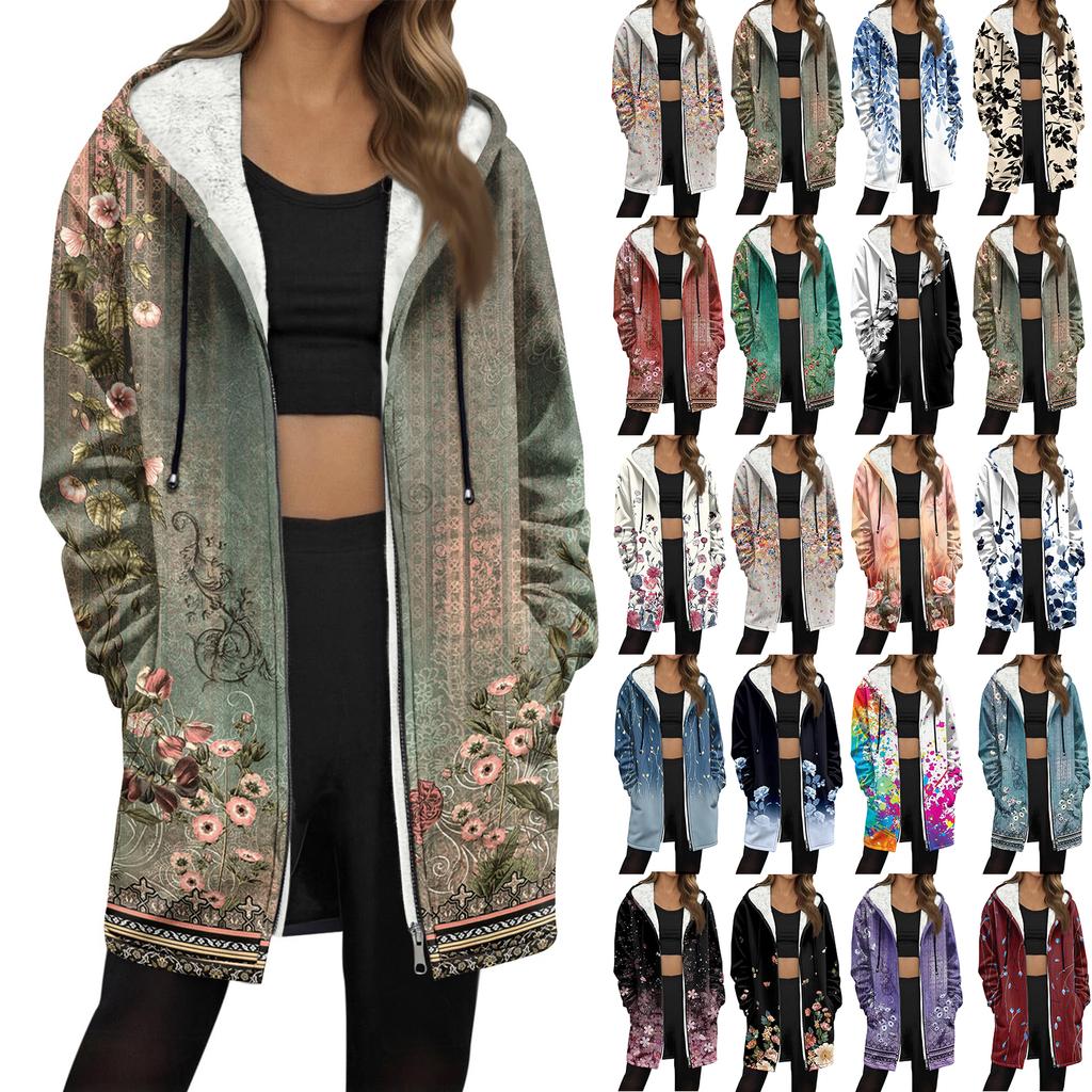 Women's Gradient Print Fashionable Loose Zipper Fleece Hoodie Jacket