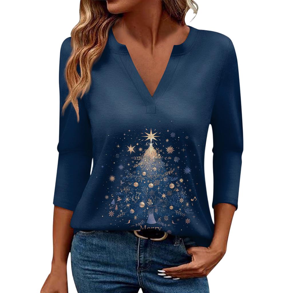 Women's Casual Fashionable Sexy Comfortable V-Neck Christmas Three-Quarter Sleeve Top