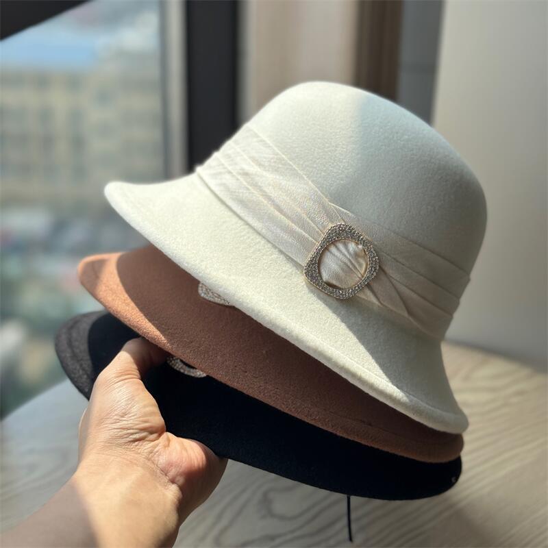 French retro top hat Hepburn style casual versatile elegant woolen bucket hat fashion celebrity bucket hat trend