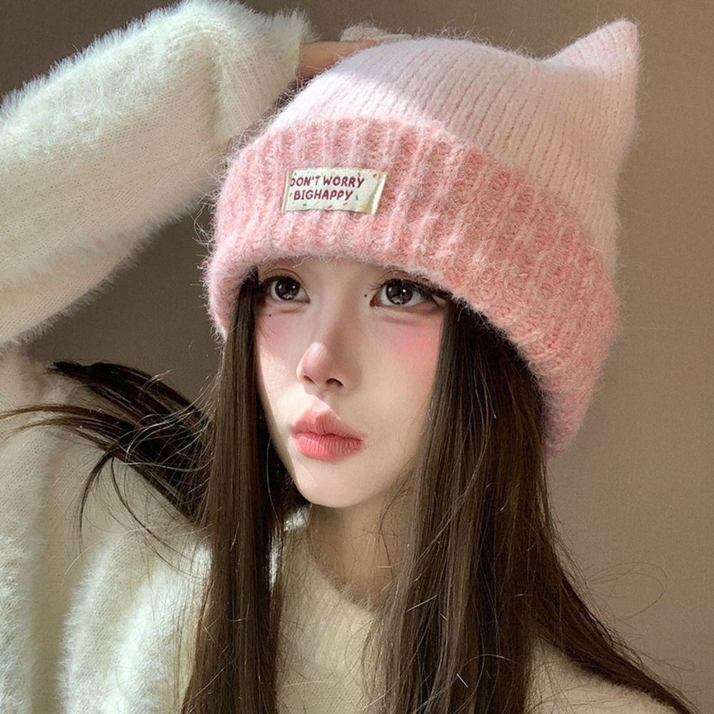 56-58cm Fleece Lined Knitted Hat Polyester Earflap Hat Casual Cat Ear Beanie For Students