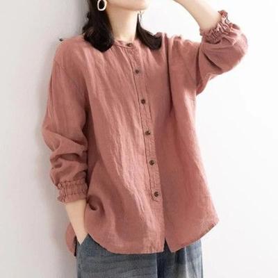 Literary Retro Spring and Autumn Cotton and Linen Shirt Women Loose Round Neck Shirt Jacket Casual Jacket Closed Sleeve Top Women